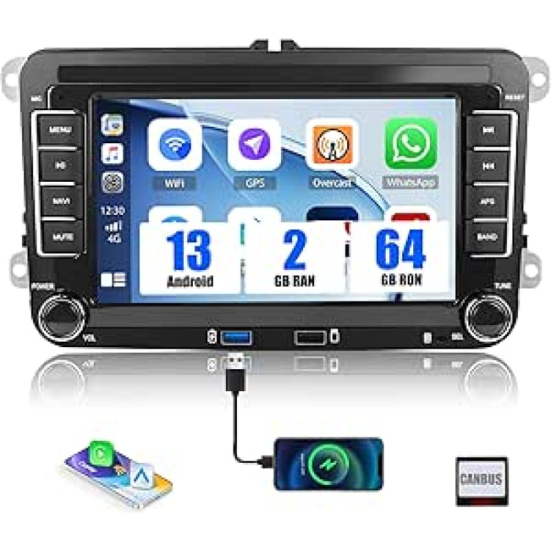 SIXWIN 2+64G Android 13 automobilinis radijas VW Golf 5 Golf 6 Skoda Polo Passat Tiguan Touran su Carplay/Android Car/Mirrorlink, 7 colių talpinis jutiklinis ekranas su WiFi GPS Bluetooth FM RDS radiju EQ 2USB