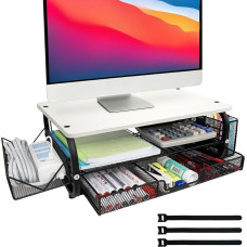 Ergonomiškas monitoriaus stovas 30 kg / 66 svarų daugiafunkcinis monitoriaus / spausdintuvo / failų stovas, itin plati tinklinė lentyna + 3 kabelių fiksatoriai, monitoriaus stovas namų biurui ir studijoms / biurui, baltas