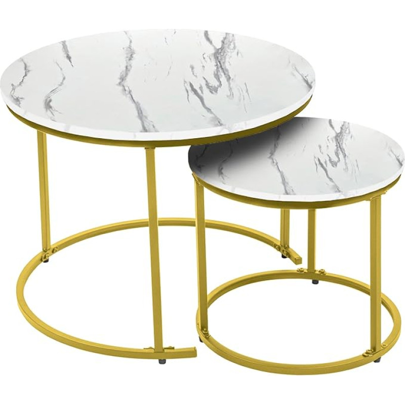 ZOLTA 2 kavos staliukų rinkinys Apvalus pramoninis palėpės staliukas 60 cm skersmens ir 40 cm skersmens svetainės staliukas MDF metalinis staliukas Modernus erdvę taupantis stabilus svetainės staliukų dizainas Baltas