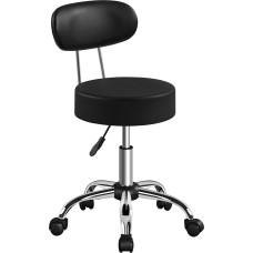 Yaheetech Rolling Stool, darbo taburetė su atlošu, reguliuojamo aukščio 75,5-85 cm, pasukama taburetė su ratukais, nuimamas atlošas, 10 cm storio paminkštinimas, juoda