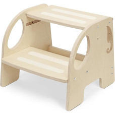 Vaikų medinė laiptuota taburetė, 2 lygiai, reguliuojamas aukštis, 90 kg keliamoji galia, vaikiška taburetė su neslystančiu protektoriaus paviršiumi, neslystančiomis pėdų pagalvėlėmis ir nešiojamomis rankenėlėmis, vaikiška taburetė