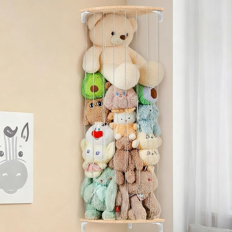 SUNMON Cuddly Toy Storage Wall Shelf Corner Stuffed Toy Storage Organiser Sieninis 1,8 metro ilgio laikymo vietos pliušinių žaislų laikymo tinklas Space Saving Wall Shelf Wood Vaikų kambario žaidimų kambarys