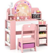 DREAMADE Vaikų tualetinio staliuko rinkinys su taburete, medinis tualetinis staliukas su LED veidrodžiu ir papuošalų laikikliu, tualetinis staliukas su atvira lentyna, medžiagine dėže ir knygų spinta, kosmetikos staliukas vaikams nuo 3 metų