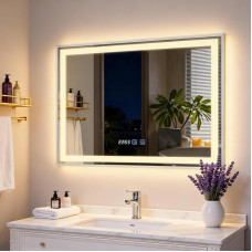 YU YUSING Bathroom Mirror with Lighting 80 x 60 cm Bathroom Mirror with Anti-Fog 3 Light Colours Dimmable Wall Mirror Metal Frame with Touch Switch LED Mirror with Clock Display IP44 Vertical Silver