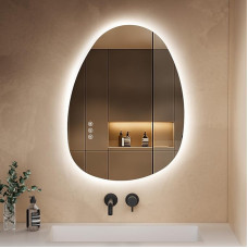 S'AFIELINA Veidrodis su apšvietimu, asimetriškas LED vonios veidrodis, 60 x 45 x 2,5 cm (V x Š x G), su jutikliniu jungikliu, reguliuojamas, 3 šviesos spalvos, reguliuojamas, nuo rūko apsaugantis vonios veidrodis su apšvietimu