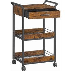 VASAGLE Trolley Kitchen Trolley 3 Tier Serving Trolley with Brakes Wood Chipboard Top Drawer Storage Shelf for Kitchen Bathroom Bedroom Vintage Brown Ink Black LRC048K01
