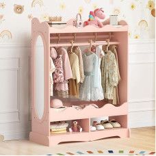 LUE BONA Children's Wardrobe with Mirror and Clothes Rail, Wooden Wardrobe with 3 Hooks, Wardrobe with Shelf, for Children's Room, 85 x 108 x 34 cm, Pink