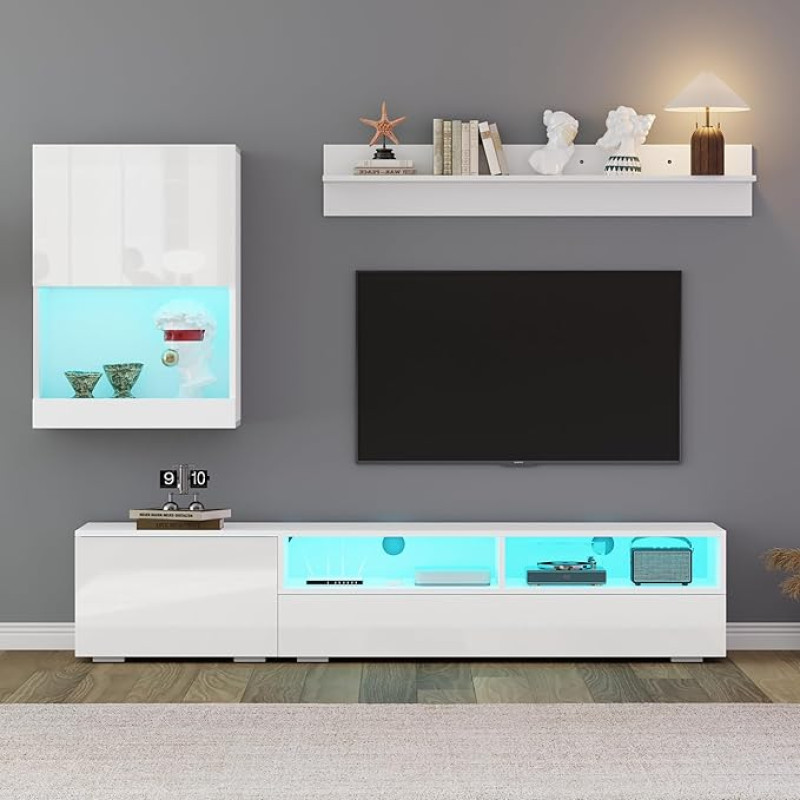 Svetainės sieninė spintelė, TV spintelė, svetainės baldų komplektas (komplektas, 3-jų dalių), TV lenta (vitrina, LED, blizgi), stovas / sieninė lentyna (stovinti / pakabinama), skirta televizoriams iki 80 colių