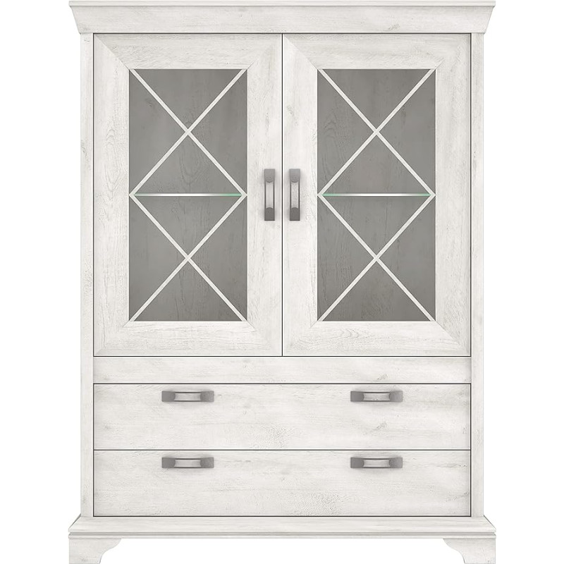 FORTE Kašmyro vitrina su 2 stiklinėmis durelėmis ir 2 stalčiais, medžio kompozitas, pušies baltos spalvos dekoras, 48,2 x 123 x 210,3 cm