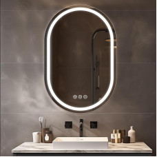 Oval Bathroom Mirror with LED Lighting, 60 x 90 cm Mirror with Light, Oval Wall Mirror with Front Lighting, Anti-Fog Function, Dimmable, with 3 Adjustable Light Colours