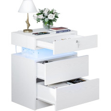 IRONCK naktinis staliukas su kištukiniu lizdu, naktinis staliukas su LED apšvietimu, staliukas su 3 stalčiais, 1 USB ir 1 C tipo prievadu bei užraktu, sofos staliukas svetainei, miegamajam, baltas