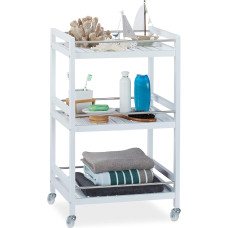 Relaxdays Bamboo Serving Trolley, 3 Shelves, 360° Rotating Wheels, Stainless Steel Rods, Kitchen Trolley, HBT: 76.5 x 46 x 38 cm, White