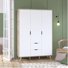 FORTE VANKKA 140 Drabužių spinta, 2 stalčiai, pakabinamų durų spinta, skandinaviška, miegamojo spinta, vaikų kambario spinta, 3 durys, ąžuolo/baltos spalvos, 139 cm pločio x 201,5 cm aukščio x 53 cm gylio