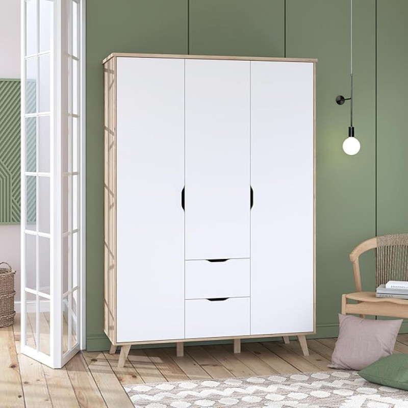 FORTE VANKKA 140 Drabužių spinta, 2 stalčiai, pakabinamų durų spinta, skandinaviška, miegamojo spinta, vaikų kambario spinta, 3 durys, ąžuolo/baltos spalvos, 139 cm pločio x 201,5 cm aukščio x 53 cm gylio