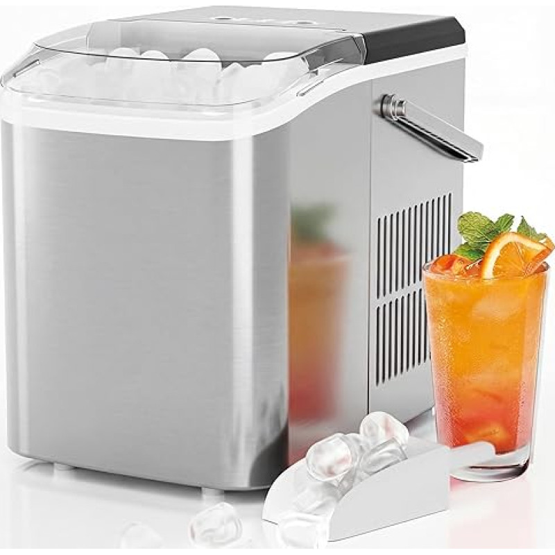 Sweetcrispy Eiswürfelmaschine mit Tragegriff, Selbstreinigend, 9 Eiswürfel in 6 Minuten, 12 kg Eis in 24 Stdn, Kompakt mit 2 Eisgrößen, Kleiner Eiswürfelbereiter für Küche Party Büro Bar, Silber