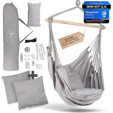 BELLAMATILDA Kabantis krėslas, 100 % medvilnė + 360° tvirtinimo priedai, itin ilgas ir 3 pagalvėlės, lauko ir vidaus kabantis krėslas, XXL kabanti sėdynė suaugusiesiems ir vaikams iki 150 kg, sodas, svetainė, balkonas, pilka