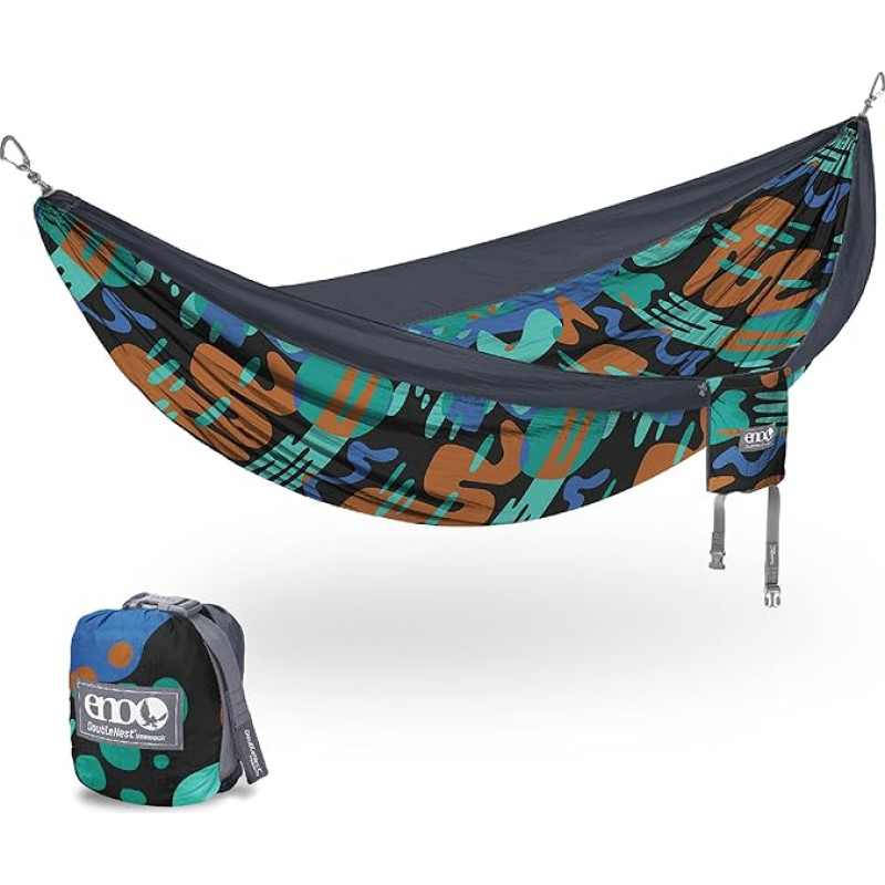 ENO, Eagles Nest Outfitters DoubleNest Print Lengvas kempingo hamakas, nuo 1 iki 2 žmonių, Lagoon/Charcoal
