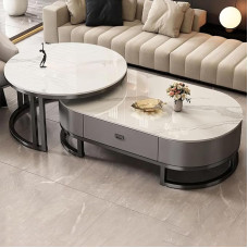 Couchtisch-Set mit Steinplatte und Stahlrahmen, inklusive Schublade für Wohnzimmerdekoration