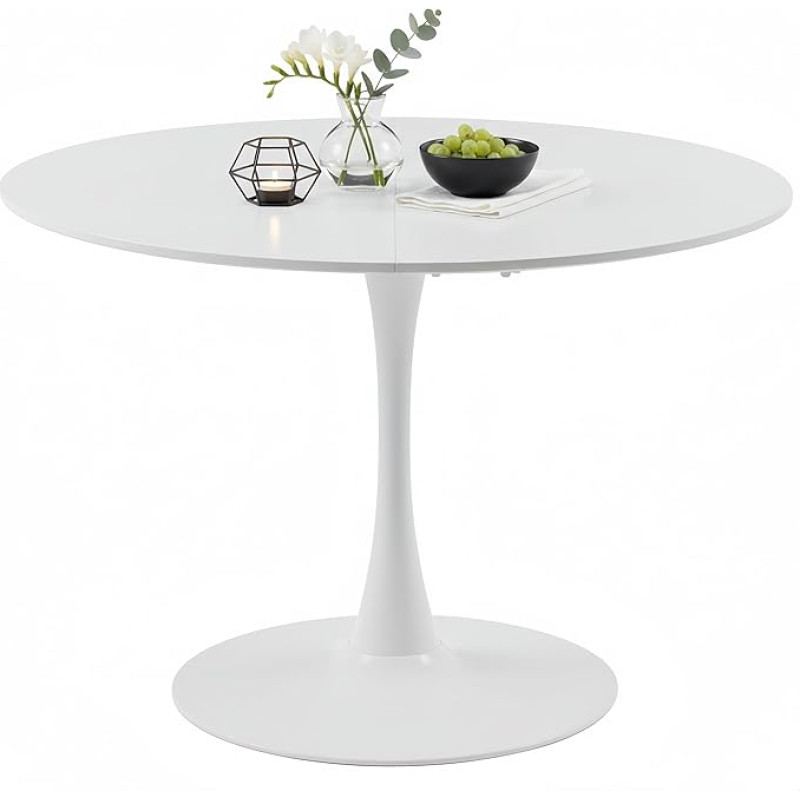 Apvalus valgomojo stalas, 110 cm, modernus apvalus valgomojo stalas, apvalus tulpės formos virtuvės stalas 4-6 žmonėms, svetainės stalas, bistro stalas, sodo stalas, MDF medienos stalas su fiksuotu pagrindu, baltos spalvos