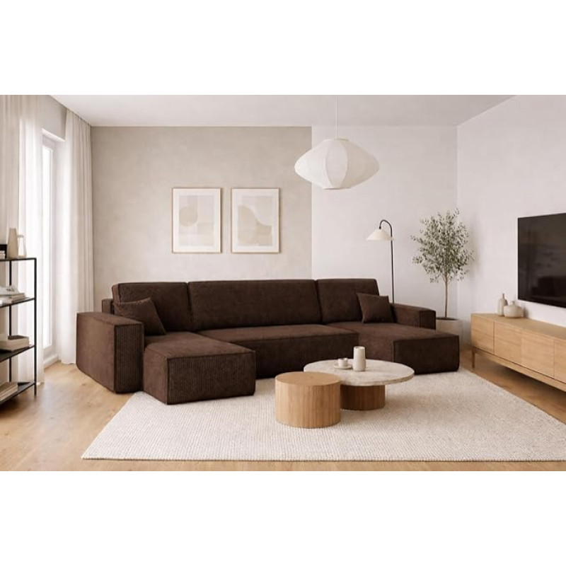 Kaiser Möbel, kampinė sofa su miego funkcija, su lovos dėže, geriausia sofa lova, dizaino U formos sofa, modernaus dizaino sofa, minkštas kampas, laisvai pastatoma, storas velvetas, ruda
