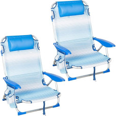 AKTIVE Set of 2 Folding Chairs 4 Positions Blue Stripes 51 x 45 x 76 cm Includes Padded Cushion Side Pocket Handles Max 110kg Tilt Protection Multiple Positions Adjustable Back Rest