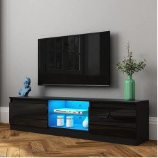 TV spintelė su 2 durelėmis, 2 lentynomis, televizoriaus stovas su blizgiu priekiu, 160 cm televizoriaus lentyna su LED apšvietimu, TV spintelė svetainei, valgomajam, miegamajam, juoda