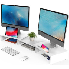 FITUEYES Dvigubas monitoriaus stovas Medienos spalva Mediena Pasukamas ilgis Reguliuojamas ilgis su laikiklio lizdu išmaniesiems telefonams Planšetinis kompiuteris Nešiojamojo kompiuterio ekrano laikiklis 79-111,2 x 27 x 10,6 cm Baltas