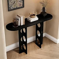 Retro Konsole aus massivem Holz, schmaler Beistelltisch für Flur oder Eingangsbereich, Sofatisch mit offenem Regal, dekoratives Möbelstück, kreative Hohle Tischbeine(Black, 140cm/55.1in)
