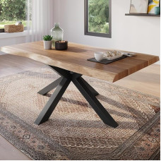 Valgomojo stalas 160 x 85 cm, akacijos medžio masyvas, natūralios spalvos stalviršis, tikros mentės, juodas voratinklio rėmas, medžio krašto stalas