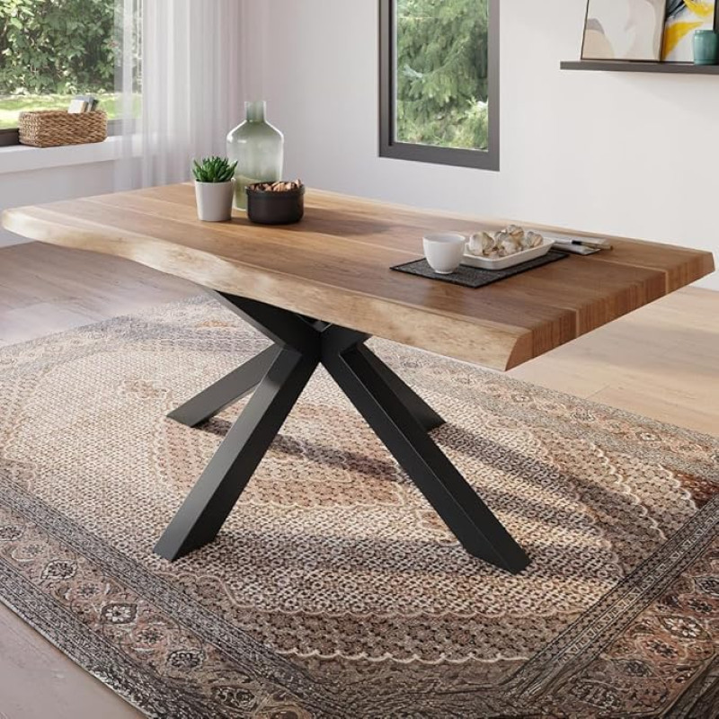 Valgomojo stalas 160 x 85 cm, akacijos medžio masyvas, natūralios spalvos stalviršis, tikros mentės, juodas voratinklio rėmas, medžio krašto stalas