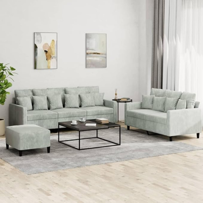 Komplektas Schlafsofa, Wohnzimmer, Sofa, modernes Sofa-Set für den Außenbereich, Gartenmöbel, 3-teiliges Sofaset mit hellgrauen Kissen aus Samt, Modell 3201730