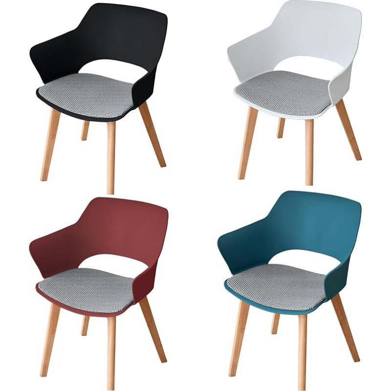 Set of 4 Dining Chairs, Office Chairs, Solid Wood Legs, Hollow Design with Armrest, Fabric Upholstered Chair, White + Black + Lake Blue + Red