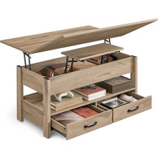VASAGLE Coffee Table Height Adjustable Living Room Table Gas Cylinder 2 Drawers and 3 Hidden Compartments Coffee Table 1 Open Compartment for Living Room Home Office Camel Brown LCT254L01
