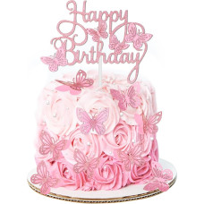 Pakuotė 13 drugelių torto apdaila Cupcake Toppers Pink 3D drugelis torto apdaila Moterų torto Topper gimtadienio drugelių apdaila Gimtadienio torto DIY gimtadienio šalis Vestuvių tema šalis