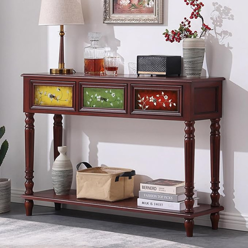 JSWHYBD Handbemalter Massivholz-Konsolentisch im amerikanischen Stil, Eingangstisch mit 2/3 Schubladen und Ablagefach für Wohnzimmer-Flur-Dekoration Classic Red 116 * 30 * 85cm