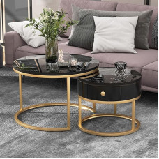 Modern Nesting Coffee Table High Gloss Marble Pattern Set of 2 Round Coffee Tables Round Nested Side Table 70L x 70W x 48H cm