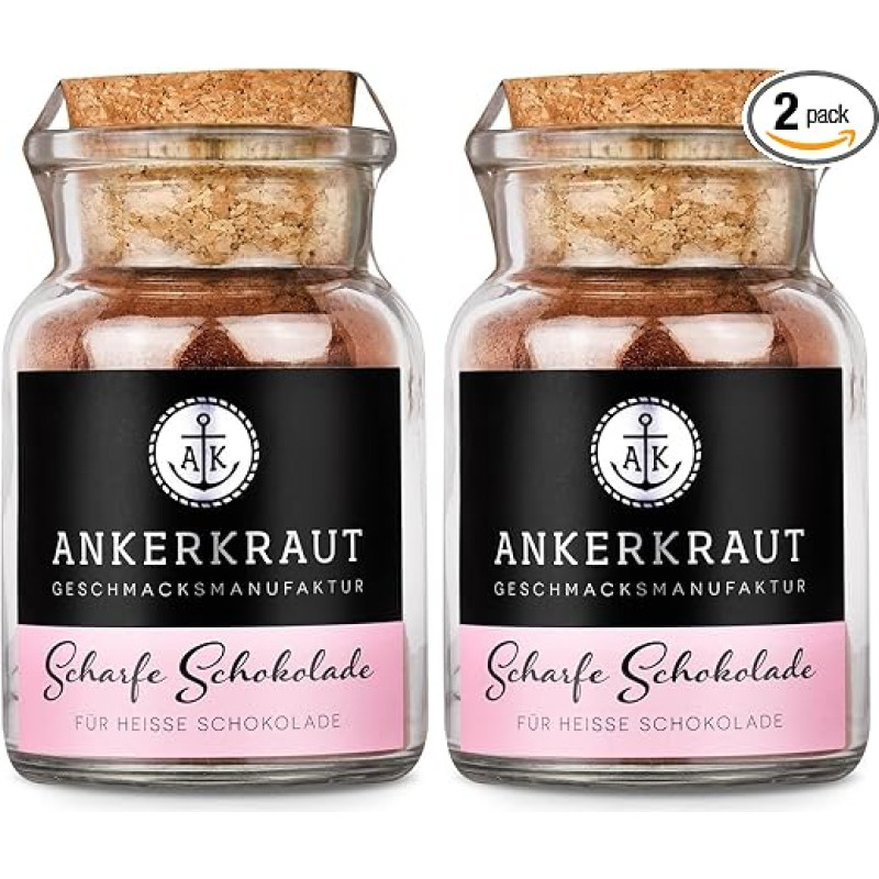 Ankerkraut Scharfe Schokolade, veganes kakaohaltiges Getränkepulver für heiße Schokolade, Trinkschokolade, 125g im Korkenglas (Packung mit 2)