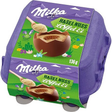Milka Spoon Egg Hazelnut Créme 1 x 136 g I Velykų šokoladas kiaušinių dėžutėje I 4 šaukštai kiaušinių I Velykų lizdui ir slėptuvei I Saldumynai Velykoms Pagaminti iš 100 % Alpių pieno šokolado