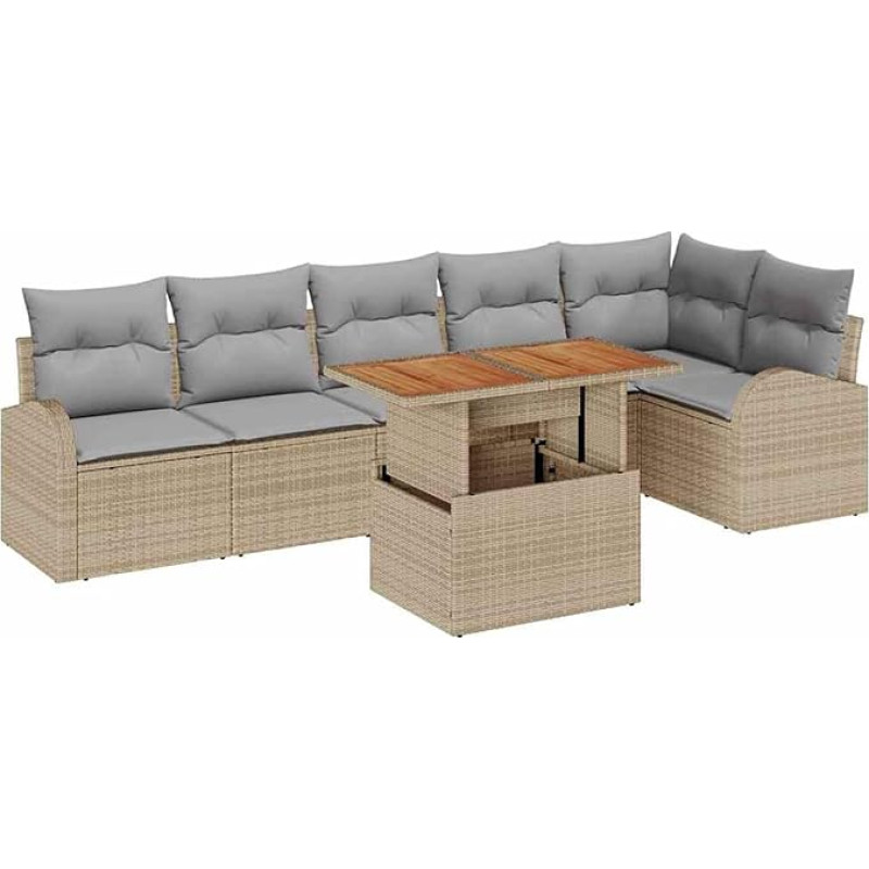 7-teiliges Garten Sofa Set mit Kissen Beige Poly Rattan, 2-Sitzer Garten Sofa mit Stauraum & Kissen Beige Poly Rattan Gartenlounge Modelis3358331