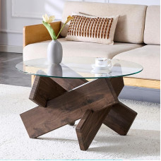 JUFU Round Coffee Table, Living Room Table Glass Modern with Tempered Glass Surface and MDF Frame in Wood Look, Coffee Table for Bedroom, Living Room (Walnut Look)