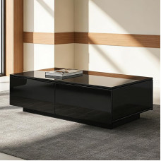 Couchtisch Schwarz Hochglanz, Moderner Wohnzimmertisch mit 4 Schubladen, Rechteckiger Sofatisch für Wohnzimmer, Coffee Table 95x60x31 cm