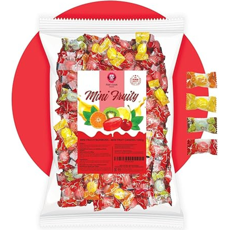 PERE'S CANDY Saldainiai Biri pakuotė 1 kg - Mini vaisių saldainiai - 4 rūšys - apelsinas, citrina, kivis, vyšnia - iš Italijos - aukščiausios kokybės saldainiai - supakuoti atskirai - karnavalinė medžiaga