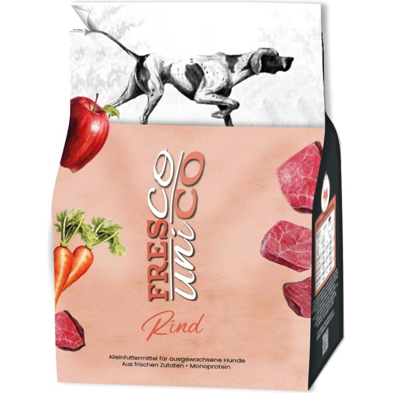 FRESCO Dog Unico Beef 2,5 kg sausas ėdalas šunims be kviečių Ypač didelis šviežios mėsos kiekis 67 % ir daržovių Suaugusių šunų sausas ėdalas jautriems šunims su monobaltymais ir dideliu suderinamumu