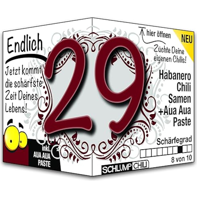 Schlump-Chili Endlich 29 - juokinga aštri gimtadienio dovana. Originali dovanos idėja 29-ajam gimtadieniui vyrams ir moterims.