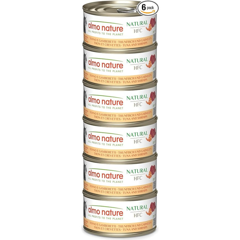 Almo Nature HFC Natural Megapack, Nassnahrung für Katzen - Thunfisch und Garnelen (6 Dosen x 70g)