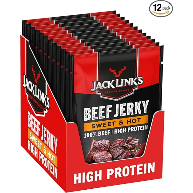 Jack Links Beef Jerky Sweet & Hot - Pack of 12 (12 x 60 g) - Dried Meat Protein Snacks - High Protein Snack for Gym, Fitness, Outdoor - American Food for People - Jerky Chips Made of Beef Meat