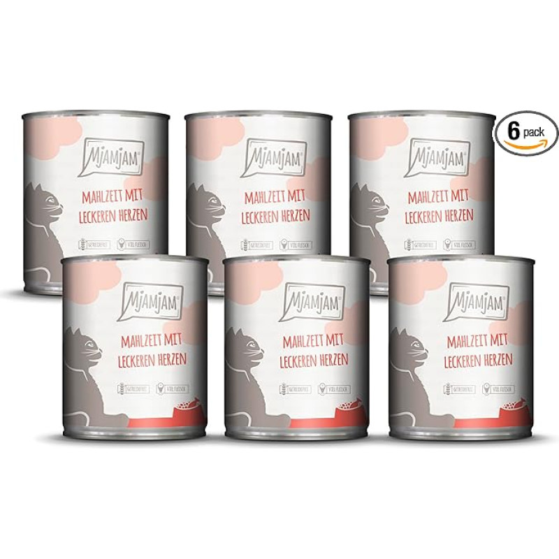 MjAMjAM Premium drėgnas maistas katėms, miltai su gardžiomis širdelėmis, 6 vnt. (6 x 800 g), be grūdų, su papildoma mėsa
