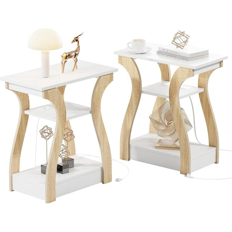2 šoninių staliukų rinkinys su įkrovimo stotele, šoninis staliukas su USB lizdais ir kištukiniais lizdais, naktinis staliukas, 3 pakopų šoninis staliukas su laikymo vieta svetainei, miegamajam