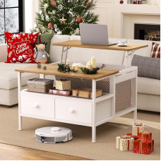 FABATO Kavos staliukas su pakeliama plokšte, kvadratinis metalinis kavos staliukas Medinis ūkinis kavos staliukas Kokteilinis staliukas su vielos tinkleliu, tvarto durelėmis ir saugykla, plieninis rėmas, mažas arbatos staliukas