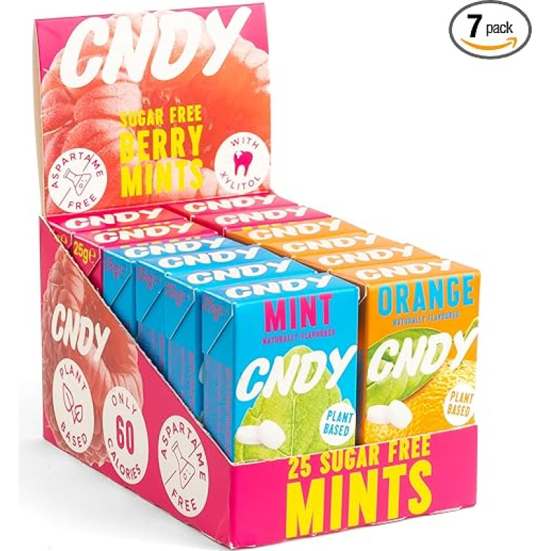 CNDY Mints | Spearmint, Orange, Berries | Xylitol saldainiai | Be aspartamo | Be cukraus, 60 kalorijų | Pakuotė po 25 (12 vnt.)